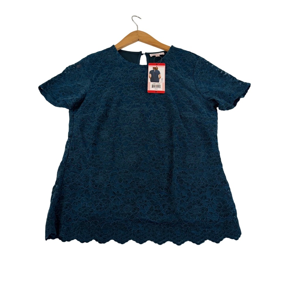 Teddi Rose Womens Floral Lace Scalloped Hem Blouse Teal Blue Short Sleeve M NEW